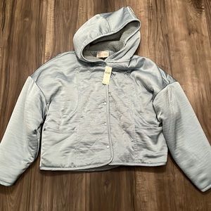 Saturday Sunday by Anthropologie satin jacket with sherpa lining